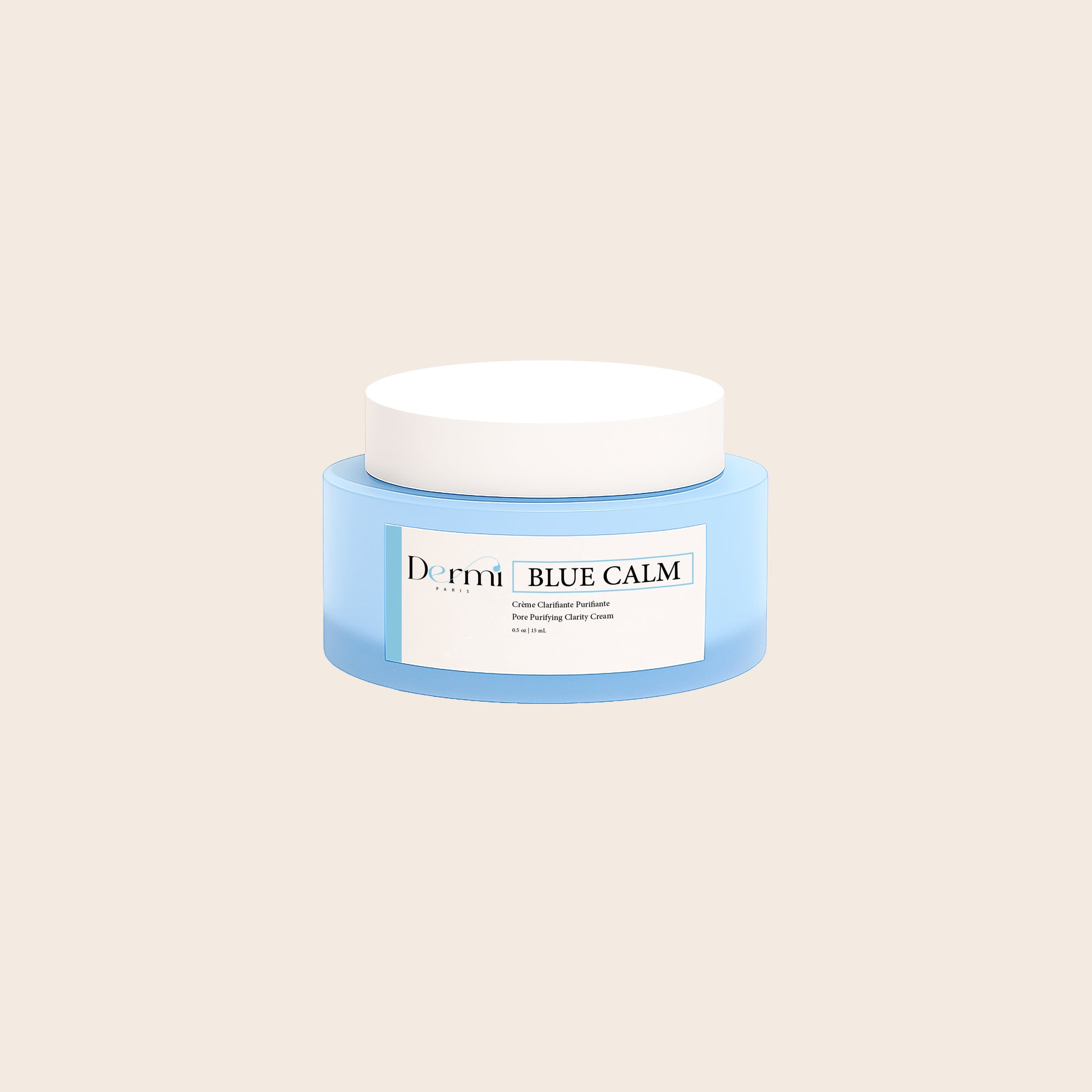 DERMI Blue Calm cream in a blue jar, designed for hydration, anti-aging, and skin clarity.
