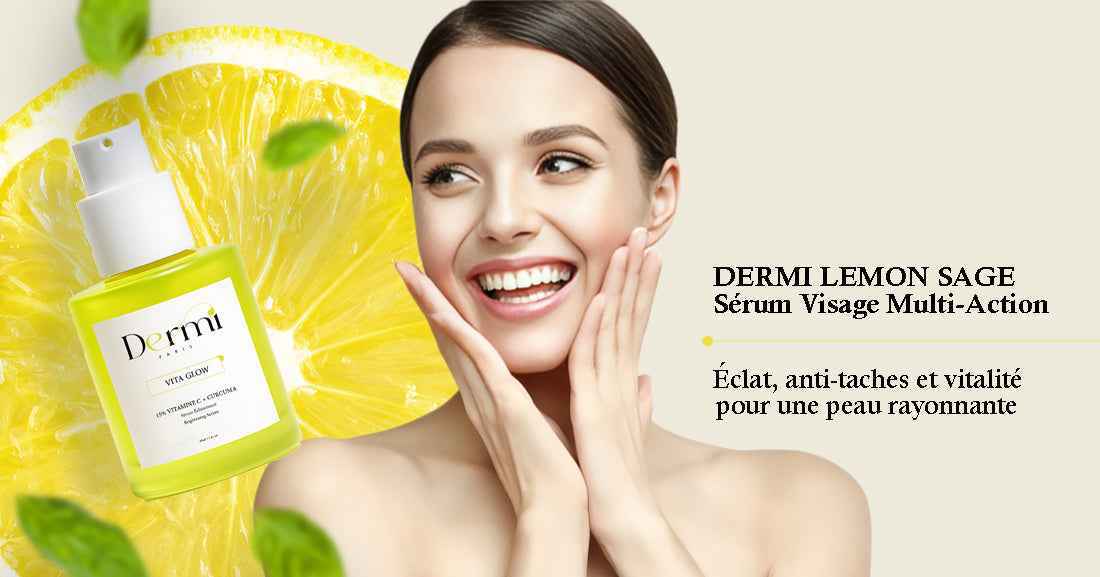 Flacon du DERMI Lemon Sage Serum pour visage éclatant et peau pure